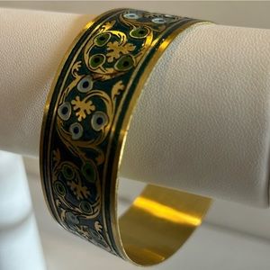 VINTAGE Gorgeous Brass Teal Enameled India Floral Cuff Bracelet. Boho Festival.